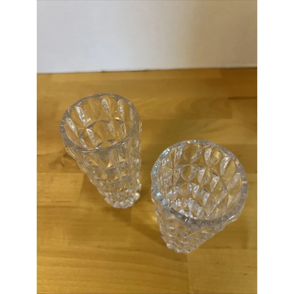 2 Fostoria Heavy Lead Crystal Bud Vases In 3D Oval Bands, 4.75